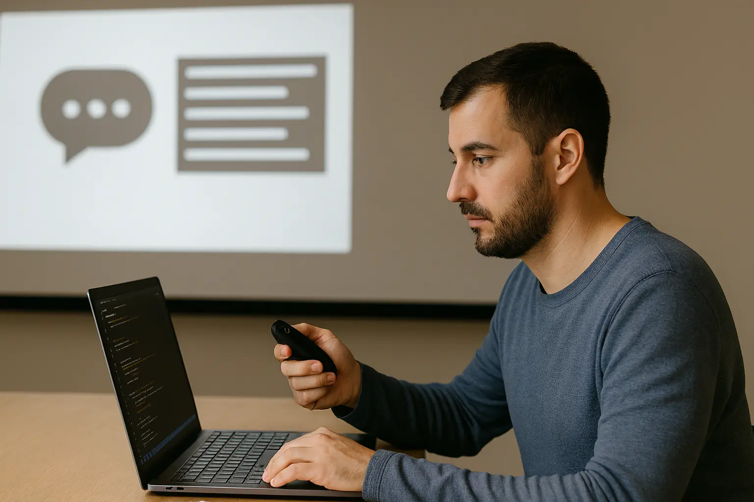 A software engineer works on his laptop while presenting ideas on a projector screen